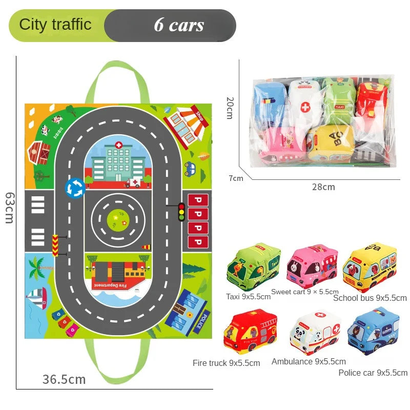 A set of six soft fabric car toys, including a fire truck, ambulance, police car, and school bus, displayed with a map game m