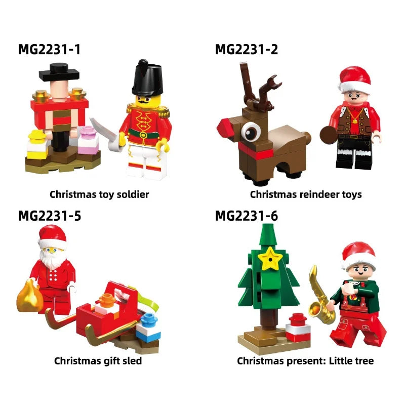 A collection of six Christmas toy soldier and reindeer building blocks from the MG2231 series.