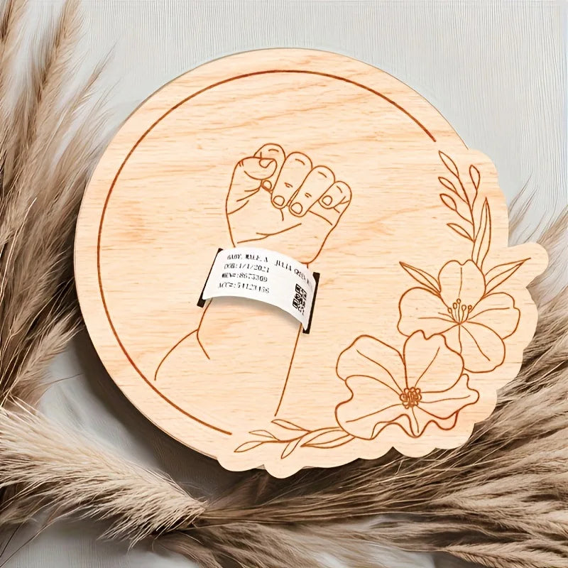 Wooden Baby Birth Memory Keepsake Set with Wristband and Display Stand