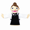 A plush hand puppet of a woman with brown hair, blue eyes, and a pink smile wearing a black apron over a white shirt.