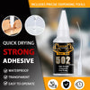 A bottle of Super Glue 502 with precise dispensing tools and features like waterproof, transparent, and fast-drying propertie