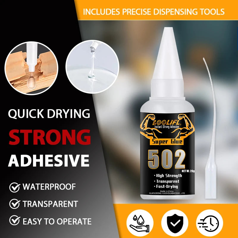 A bottle of Super Glue 502 with precise dispensing tools and features like waterproof, transparent, and fast-drying propertie