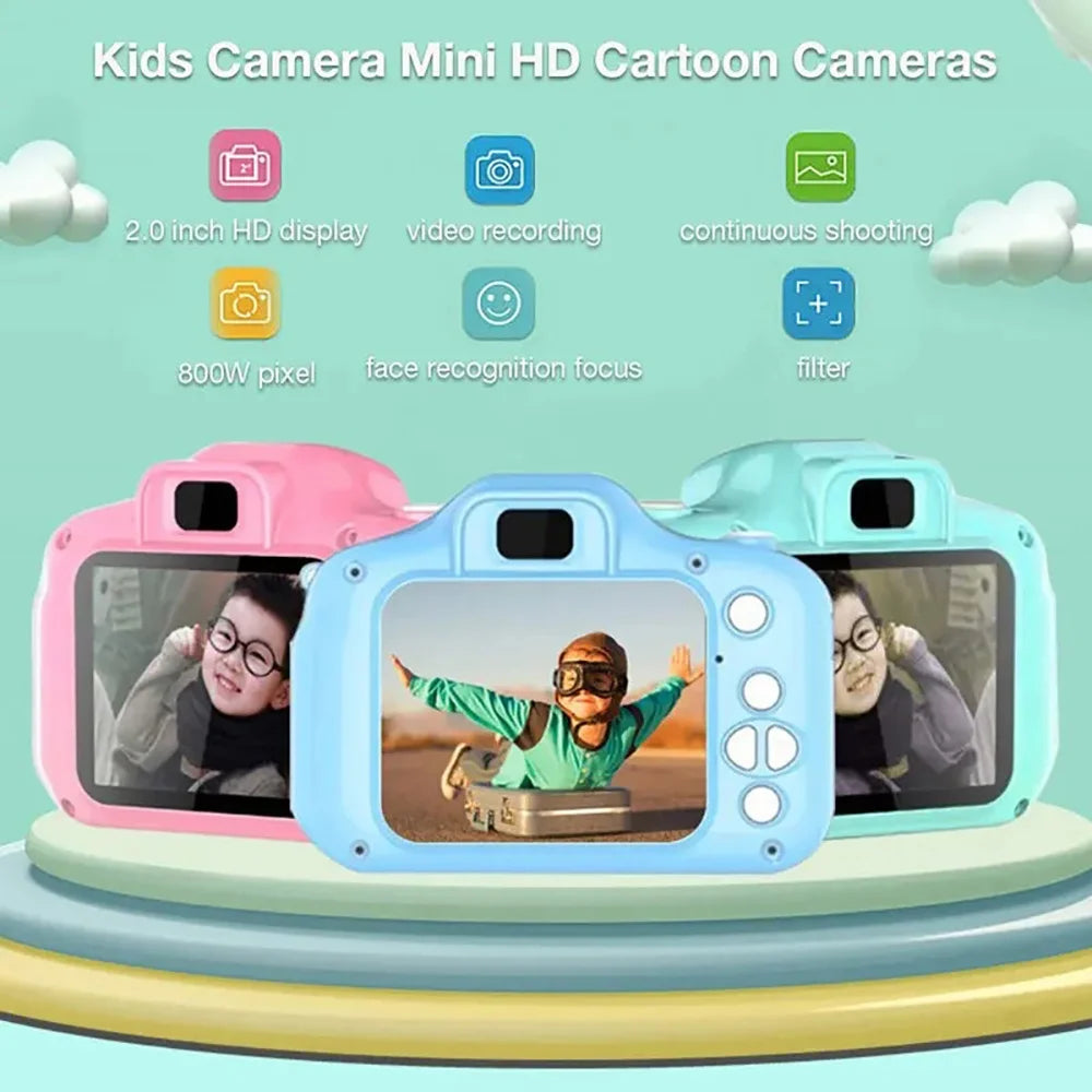 Three colorful mini HD cartoon cameras are displayed, showing various features like video recording and face recognition.