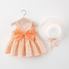 A baby girl summer dress and sunhat set featuring an orange floral print and bow details.