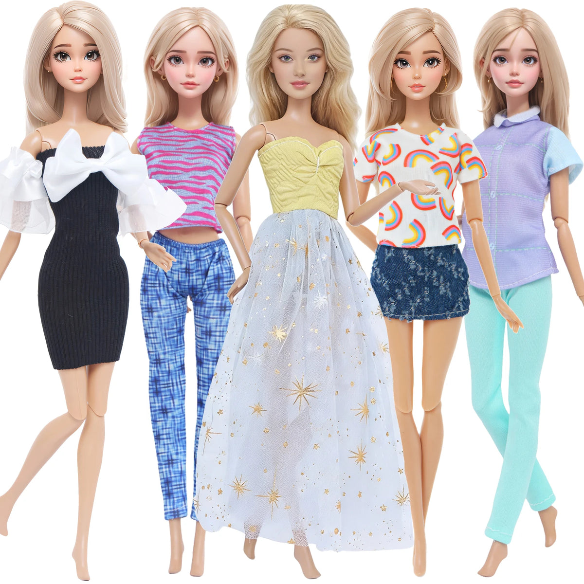 A set of five handmade casual doll outfits for 1/6 scale dolls featuring various colorful tops and skirts.