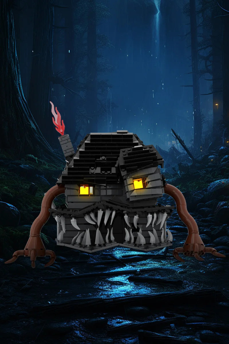 A blocky, menacing figure resembling a haunted house with glowing yellow eyes and a flaming chimney floats over dark, wet roc