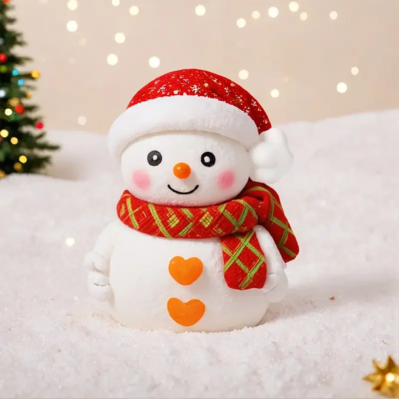 A cute snowman decoration wearing a red and white Santa hat and a red plaid scarf, resting on white snow.