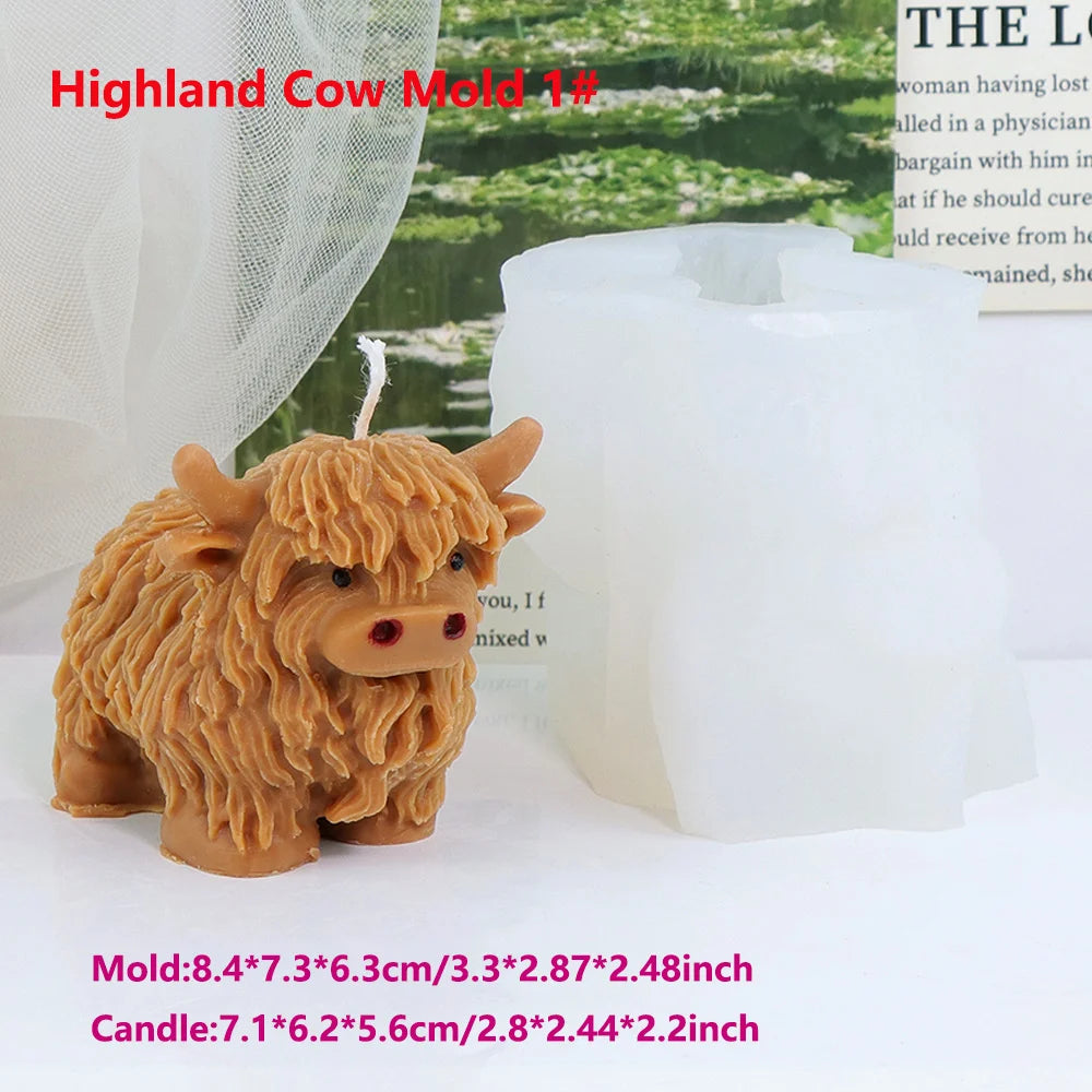 A brown silicone mold shaped like a Highland cow is shown next to a white candle, used for making crafts.