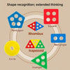 A set of colorful shape-matching blocks including a pentagon, rhombus, square, rectangle, circle, trapezoid, and triangle.