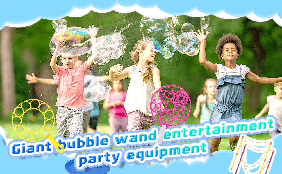 Children playing outdoors with giant bubble wands and bubble equipment for a party