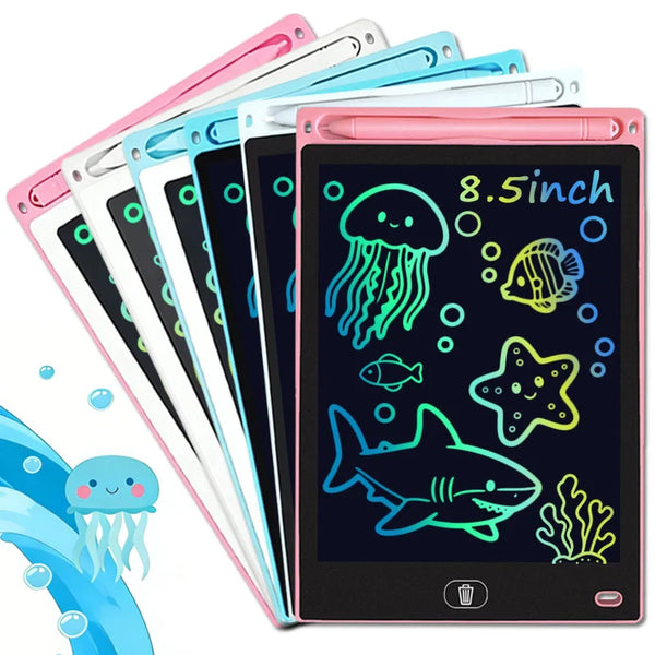 A stack of pink, white, and blue portable LCD writing tablets with colorful sea creatures drawn on the screen.