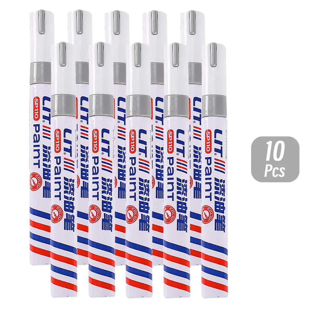 A set of ten permanent paint markers in various colors and tips for writing on rubber, fabric, and metal.