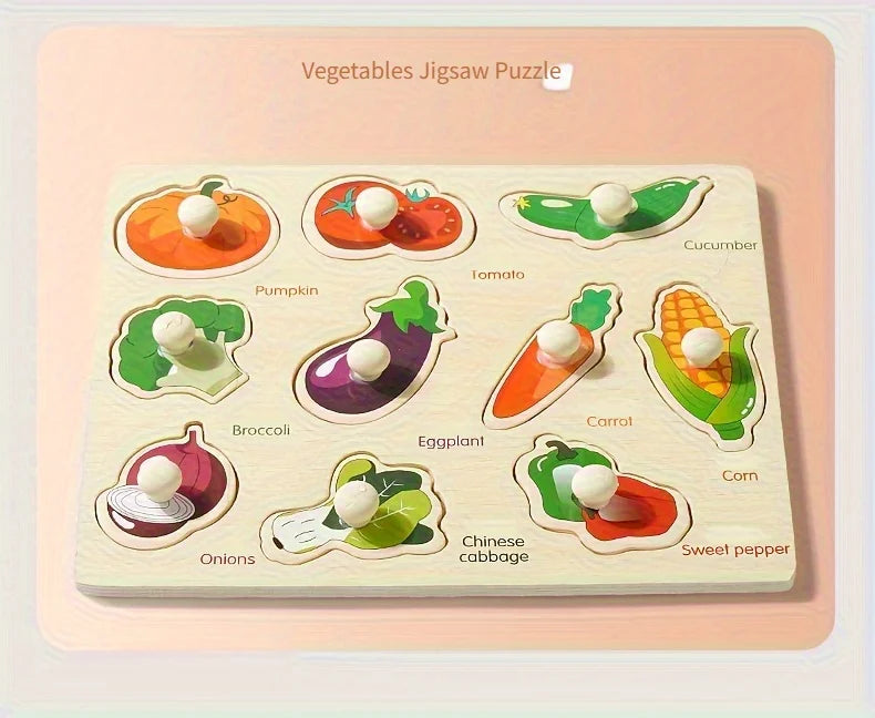 A wooden jigsaw puzzle board featuring various vegetables like pumpkin, tomato, cucumber, and corn for children's learning.