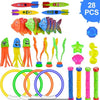 A collection of colorful diving toys including fish, sea creatures, and rings for swimming pool games