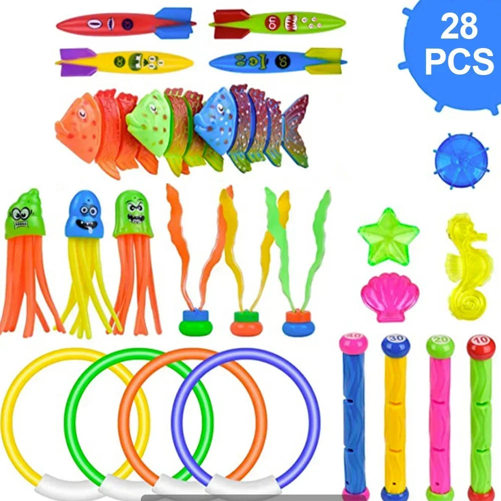 A collection of colorful diving toys including fish, sea creatures, and rings for swimming pool games