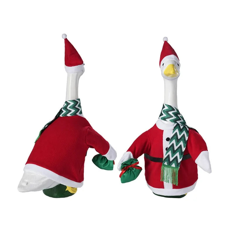 A festive porch goose decoration in red and white with green seasonal accents.