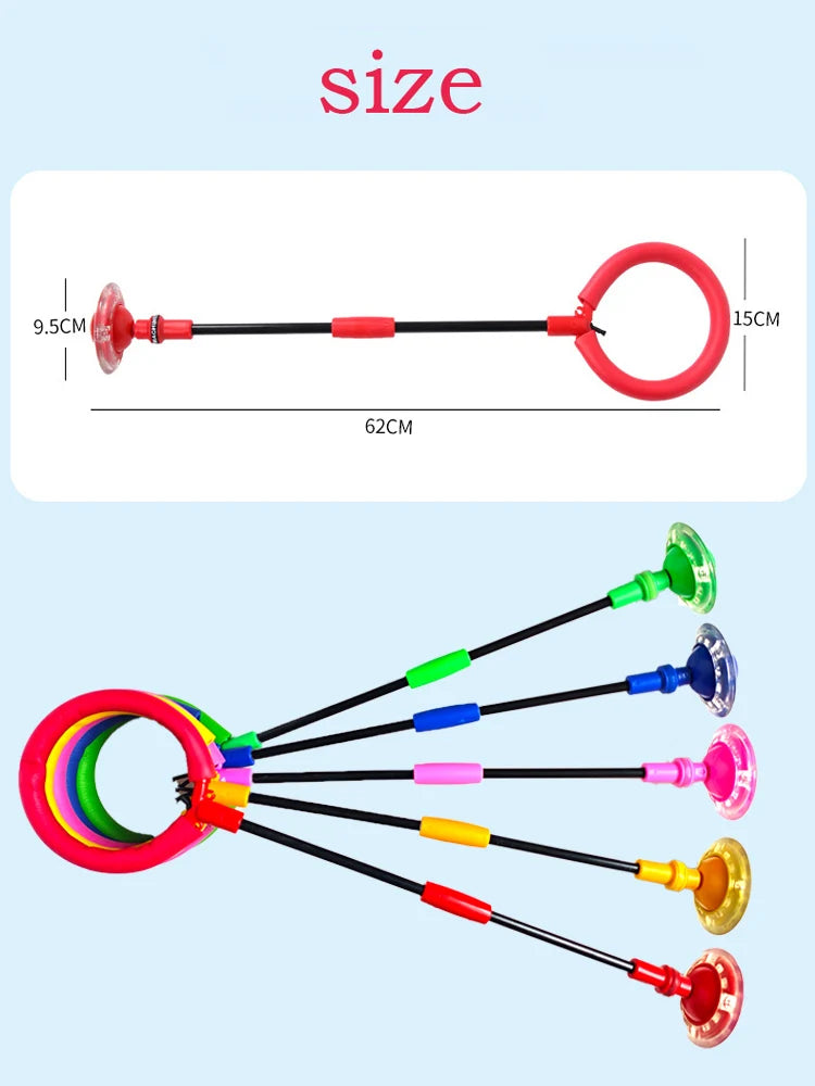 A set of glowing skip balls for kids showing various colors and sizes with a measurement scale.