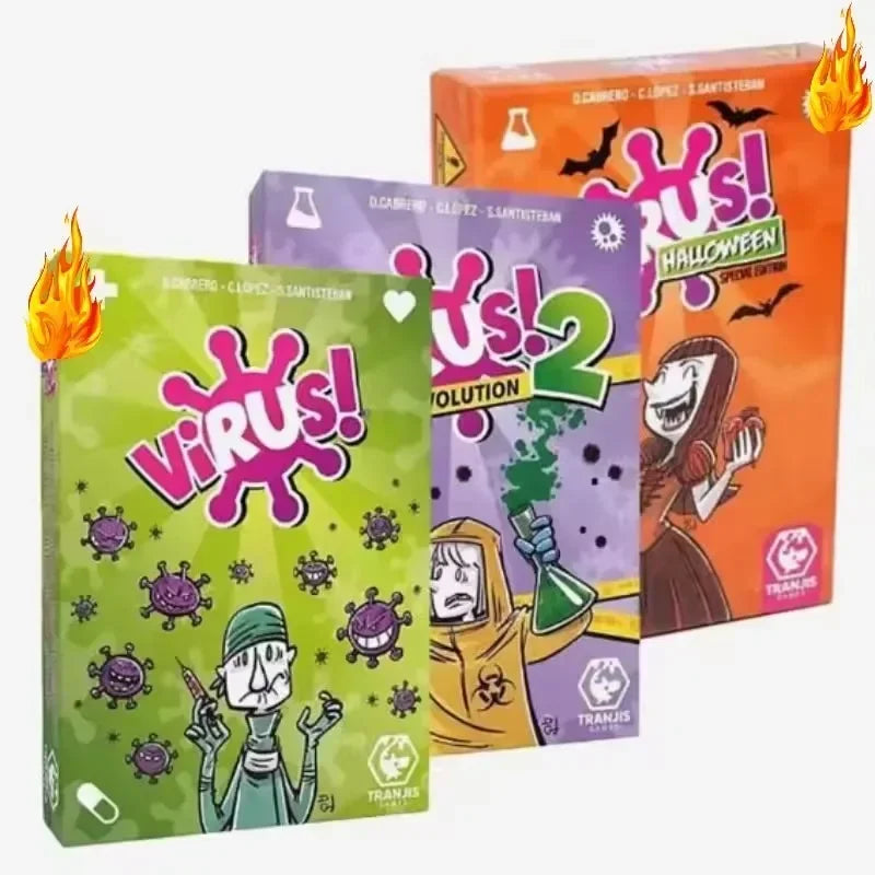 A box set of Virus card game featuring Evolution and Halloween expansions.