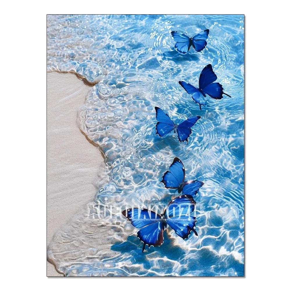 Blue butterflies swimming in clear ocean water near a sandy shore.
