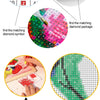 Diamond painting kit showing symbols, a finished forest scene, and a bottle of glue.