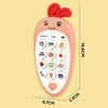 A pink baby phone toy with a rabbit-like face and various buttons for music, sounds, and teether functions.