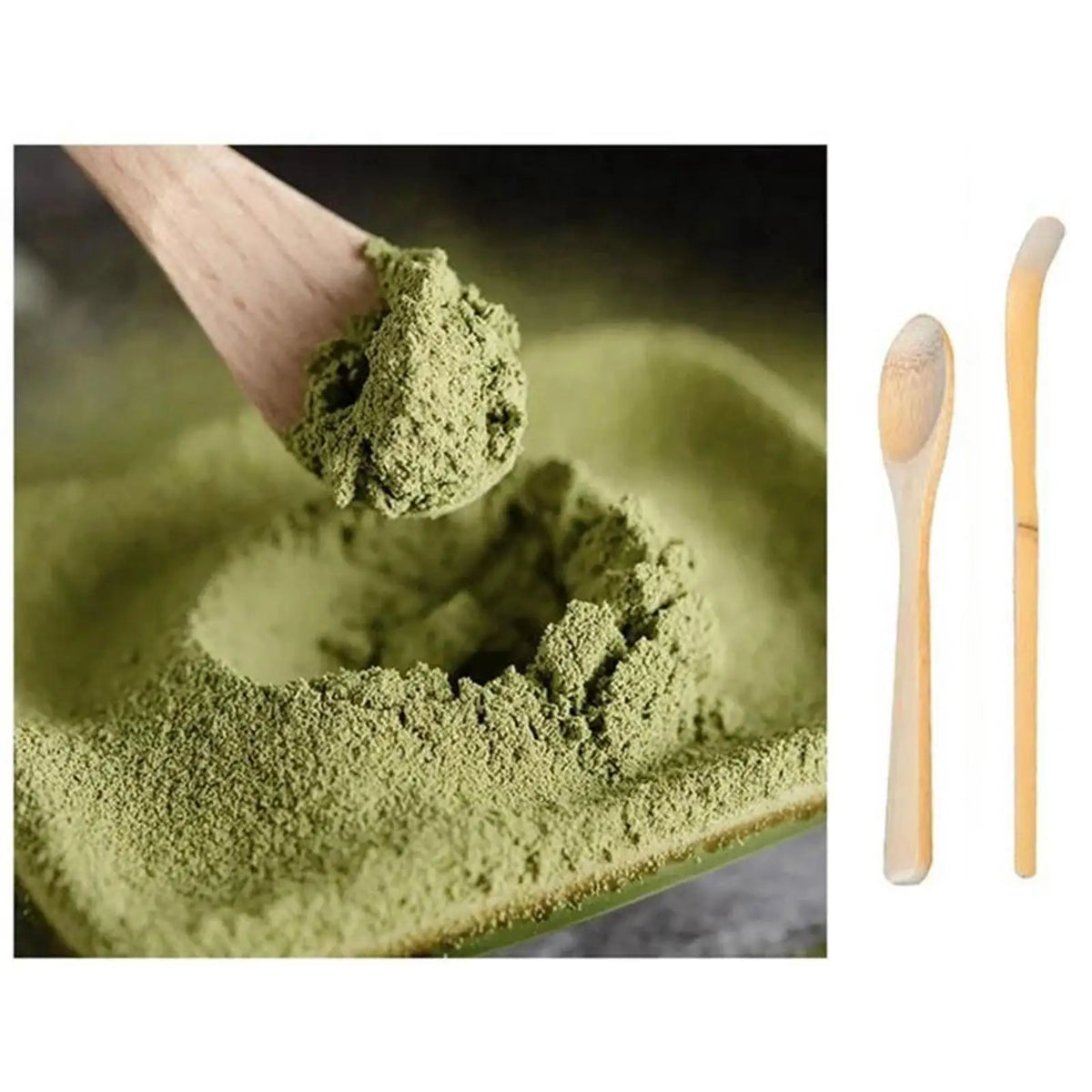 A set of traditional bamboo matcha whisks shown next to a pile of green matcha powder.