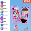 A purple kids' touchscreen phone with various icons for game, music, camera, recording, alarm clock, video, player, calculato