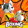 A cartoon illustration of a husky puppet wearing a yellow shirt and boxing gloves against an orange background.