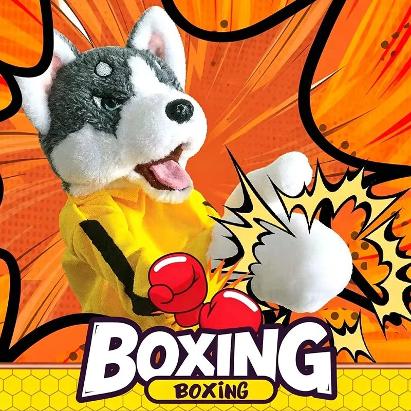 A cartoon illustration of a husky puppet wearing a yellow shirt and boxing gloves against an orange background.