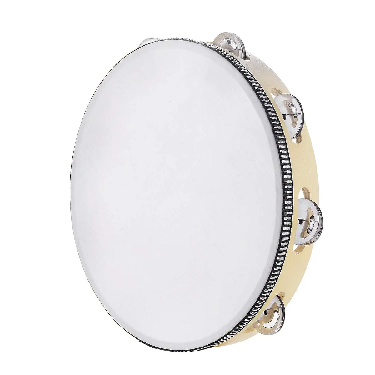 A hand-cranked wooden tambourine with metal bells, featuring a round white face and gold-colored metal accents.