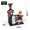 A black haunted house building block set featuring a spooky tower with orange accents and a white ghost figure.