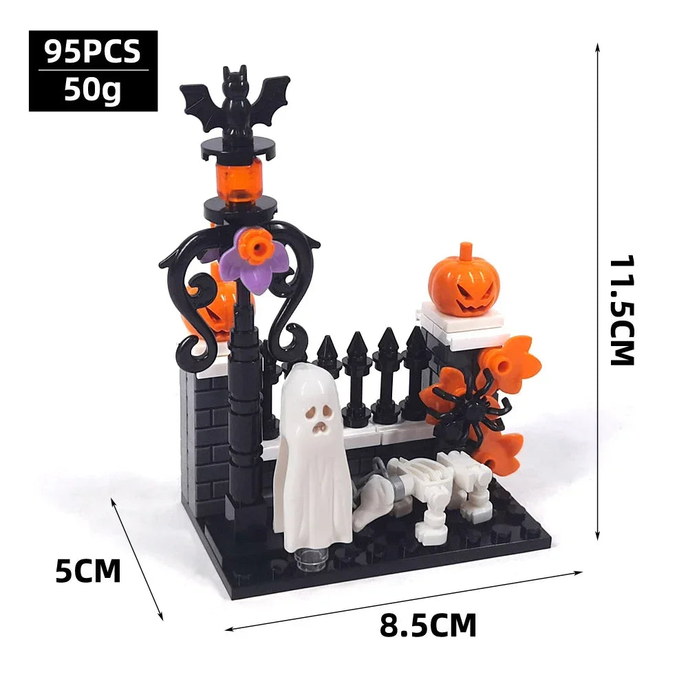 A black haunted house building block set featuring a spooky tower with orange accents and a white ghost figure.