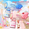 A pink and white bubble gun is shown firing colorful bubbles against a bright blue sky.