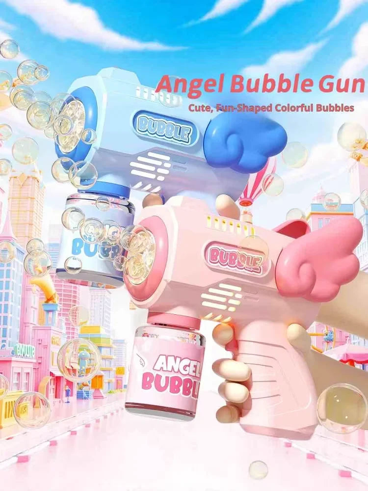 A pink and white bubble gun is shown firing colorful bubbles against a bright blue sky.