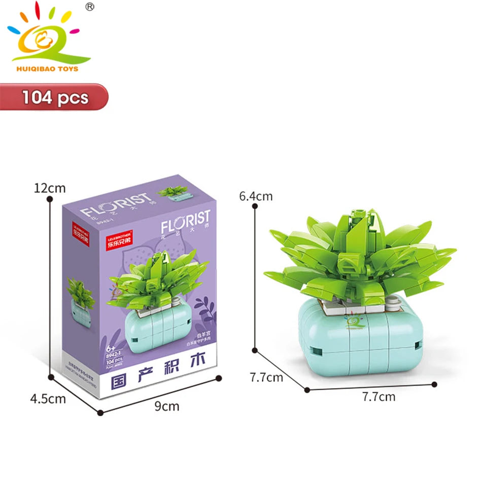 A set of 104 plastic flower succulent building blocks in green and light blue for desktop plant decor.