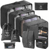 A set of black travel packing cubes and storage bags with a colorful life design.