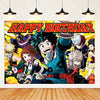 A vibrant anime-style birthday party decoration set featuring characters and a happy birthday banner backdrop.