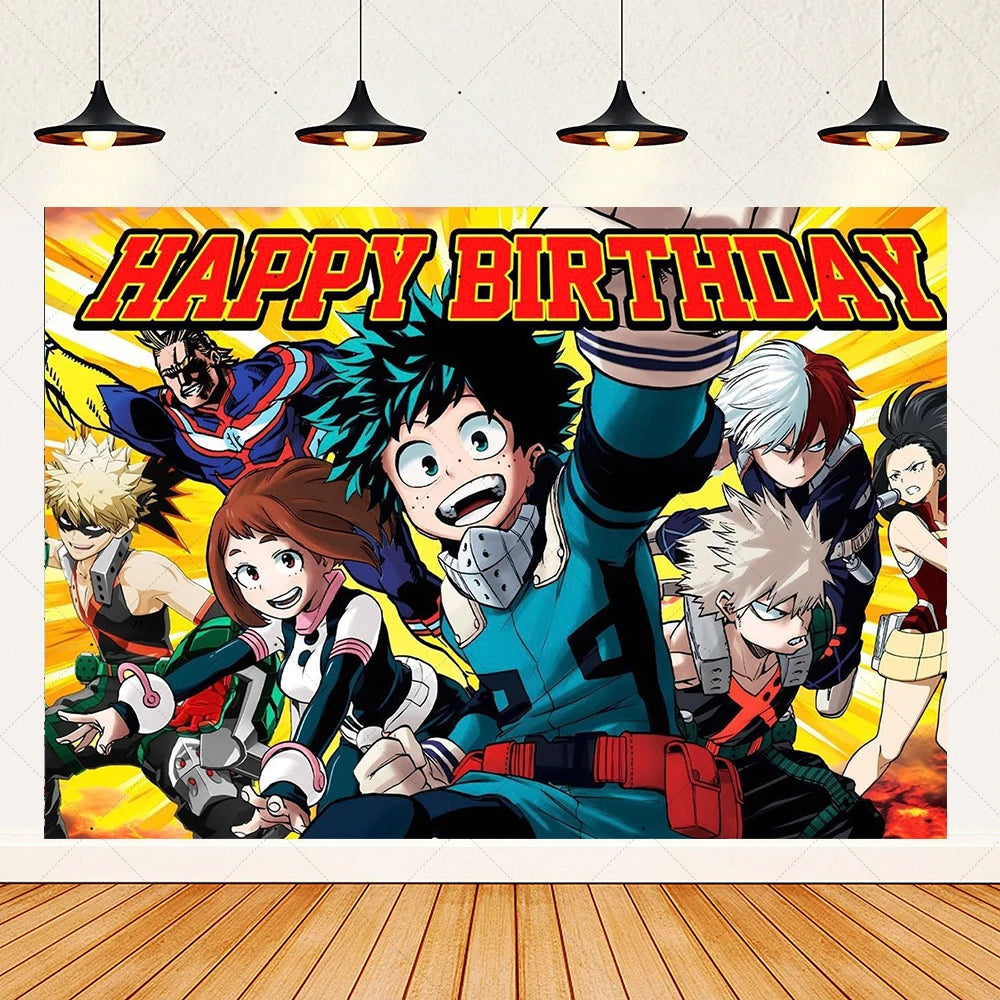 A vibrant anime-style birthday party decoration set featuring characters and a happy birthday banner backdrop.