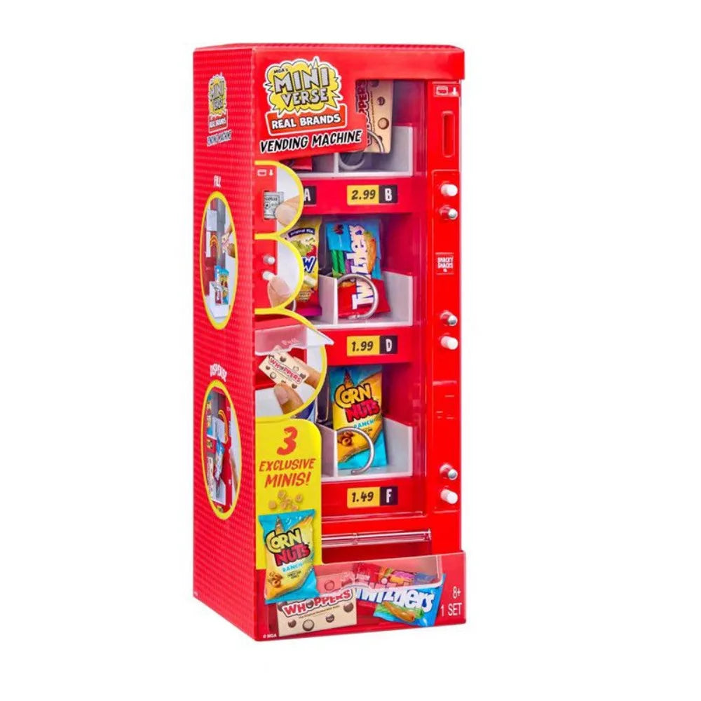 A red mini vending machine toy with snack dispensers and surprise balls inside.