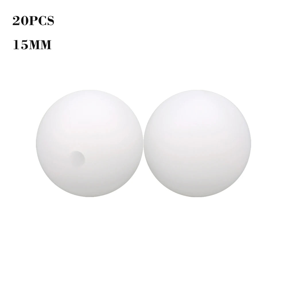 A pair of white silicone beads, 15mm in size, used for jewelry making.