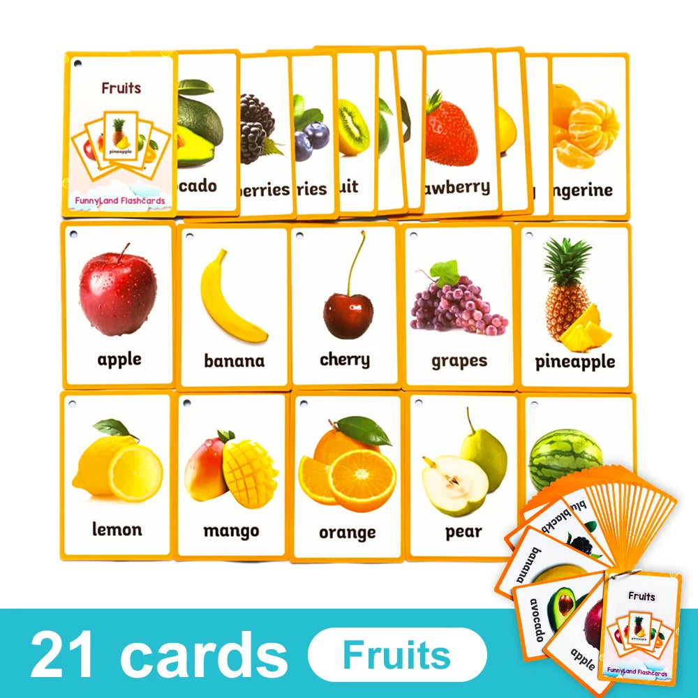 A set of 21 colorful fruit flashcards for children learning English vocabulary.