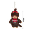 A brown plush cartoon character with a red bow and a circular tag is shown against a white background.