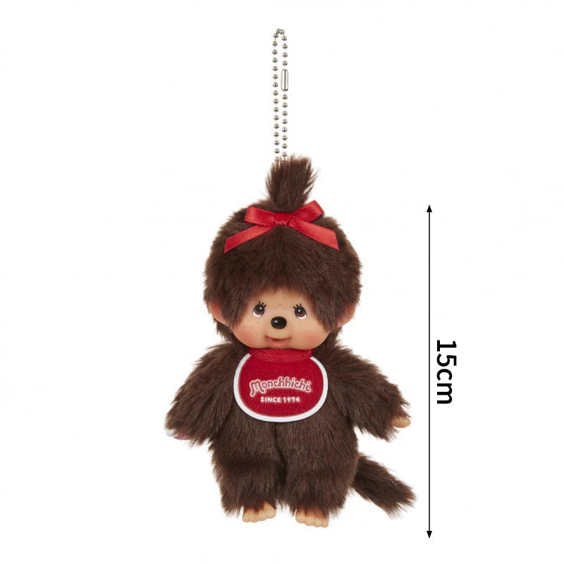 A brown plush cartoon character with a red bow and a circular tag is shown against a white background.