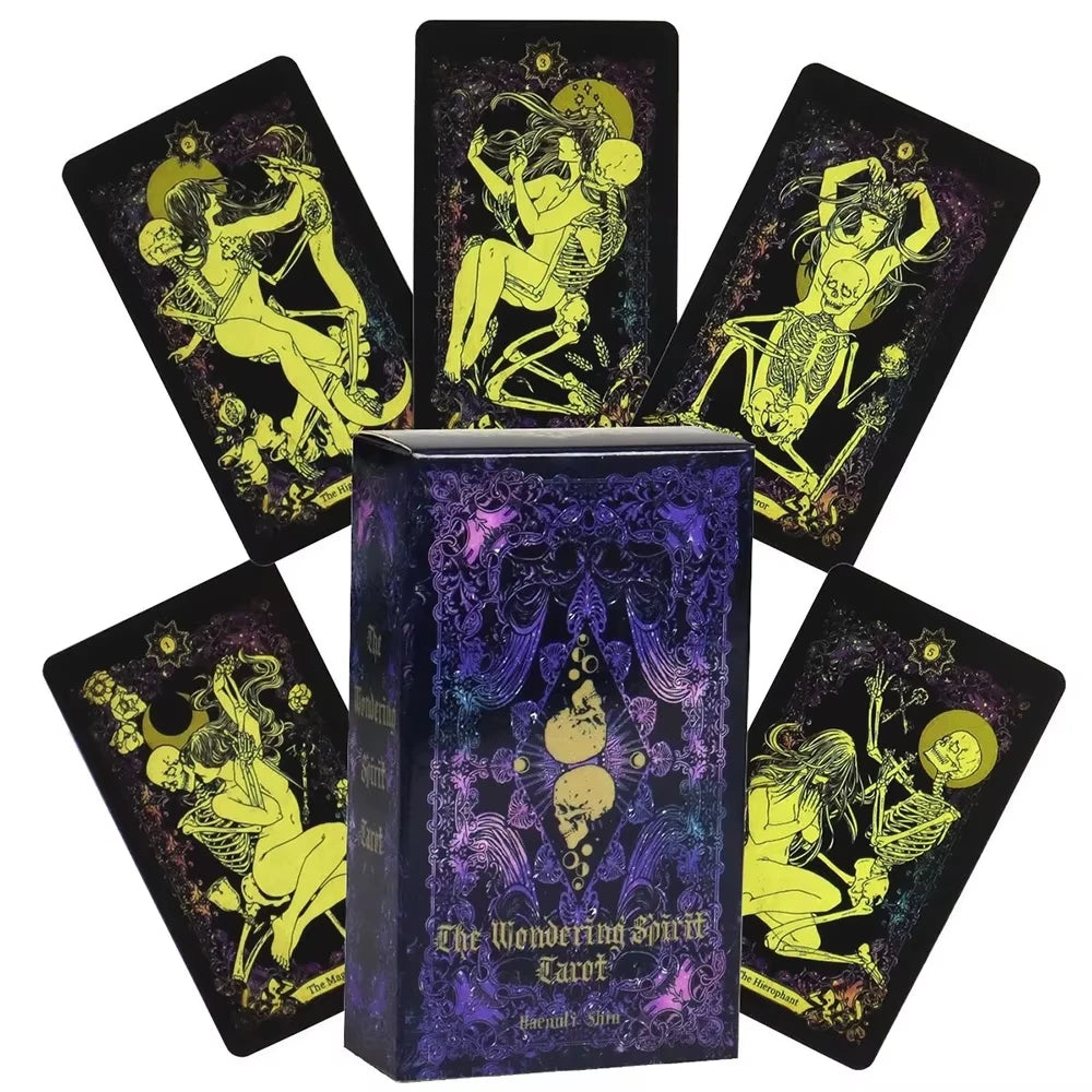 A box set of The Wandering Spirit Tarot deck featuring ten tarot cards displayed around the packaging.