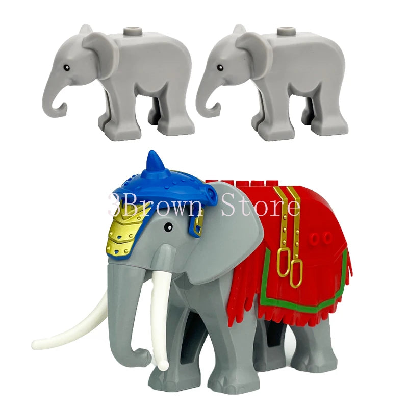 A set of six gray elephant building blocks, including one red and gold decorated elephant.