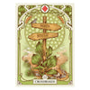 A Lenormand oracle card depicting a wooden crossroad sign with North and South directions surrounded by greenery and an ornat