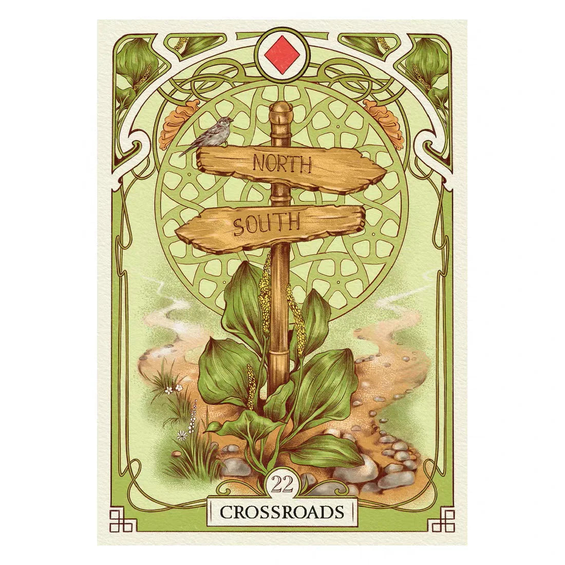 A Lenormand oracle card depicting a wooden crossroad sign with North and South directions surrounded by greenery and an ornat