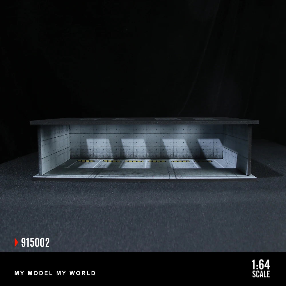 A 1:64 scale LED light-up underground garage diorama featuring a detailed model of a car display.