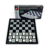 A set of magnetic checkers for travel and home, featuring a black and white checkered board.