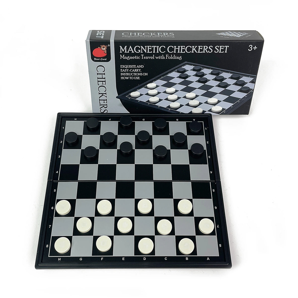 A set of magnetic checkers for travel and home, featuring a black and white checkered board.